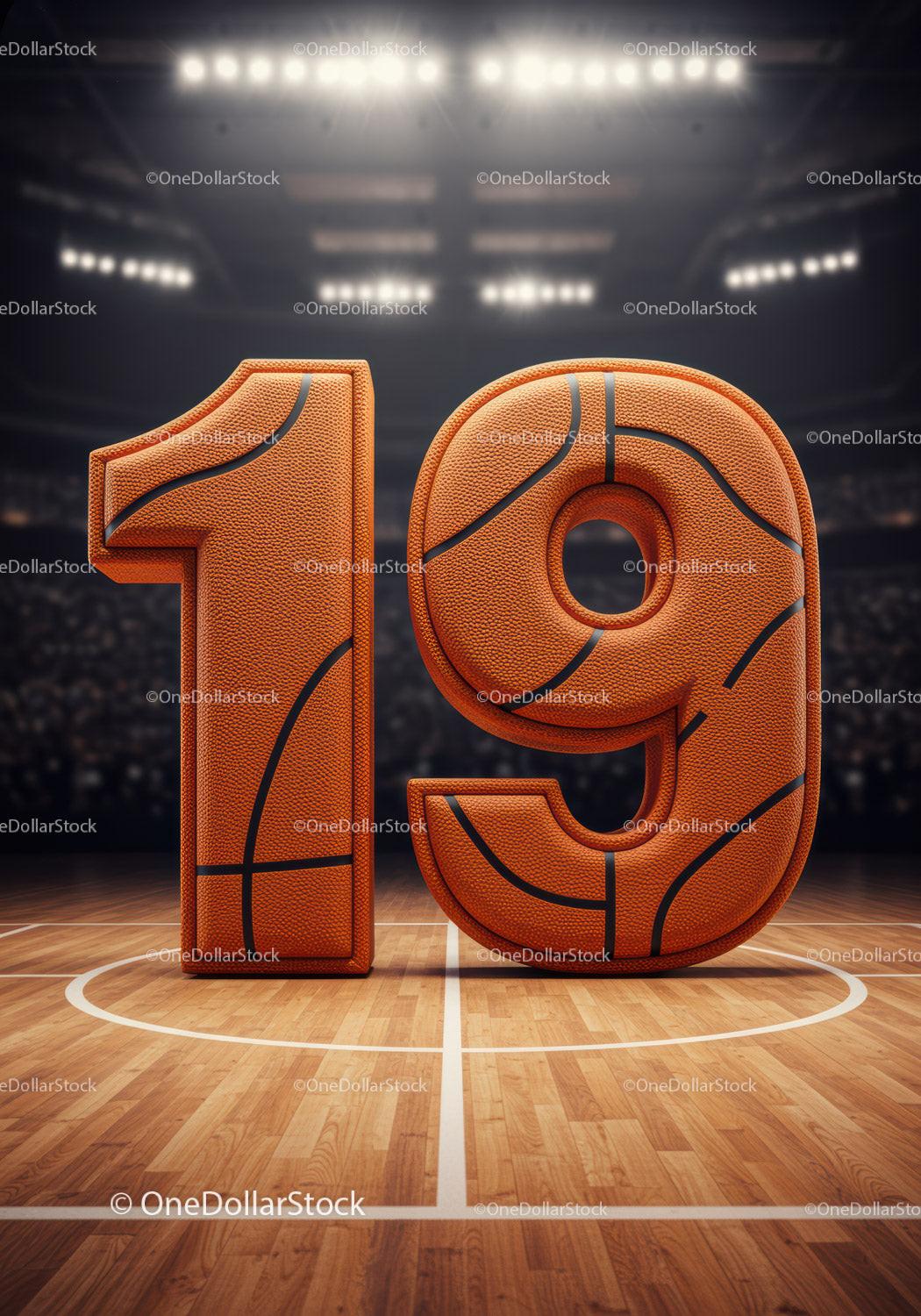 Basketball Number 19 on Indoor Court with Spotlights