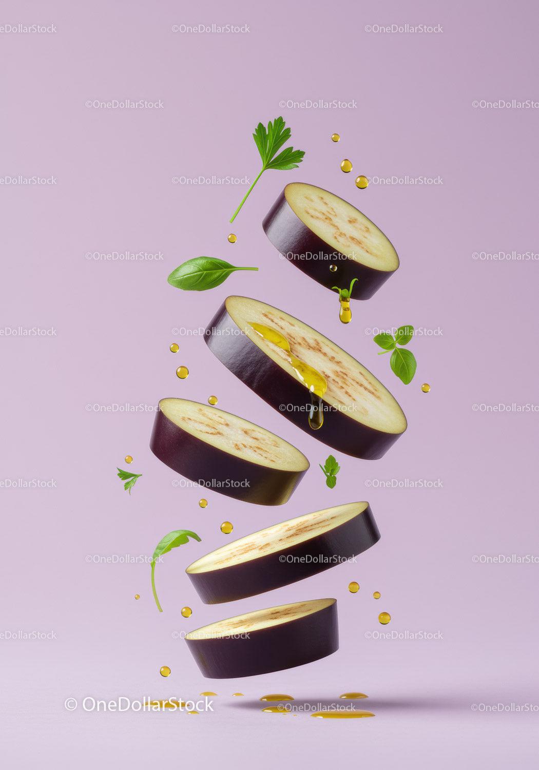 Floating eggplant slices with olive oil and fresh herbs