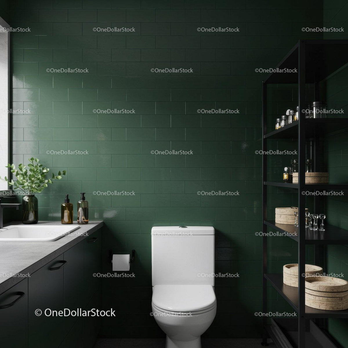 Elegant Green Tiled Bathroom with Modern White Toilet and Black Shelving