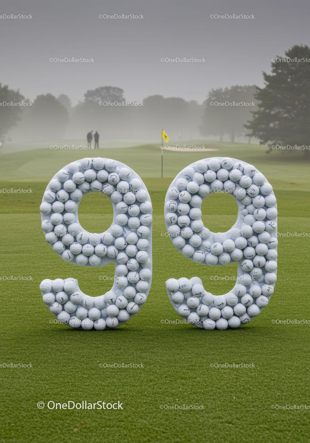 Number 99 made of golf balls on green course
