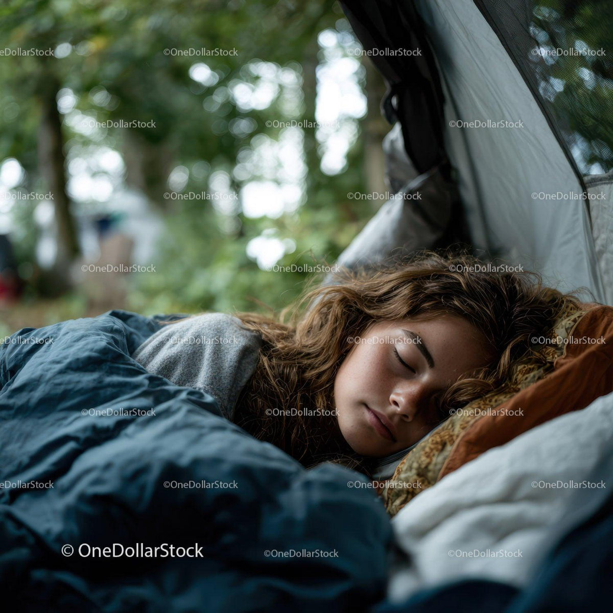 Peaceful Woman Resting in Sleeping Bag During Outdoor Forest Camp