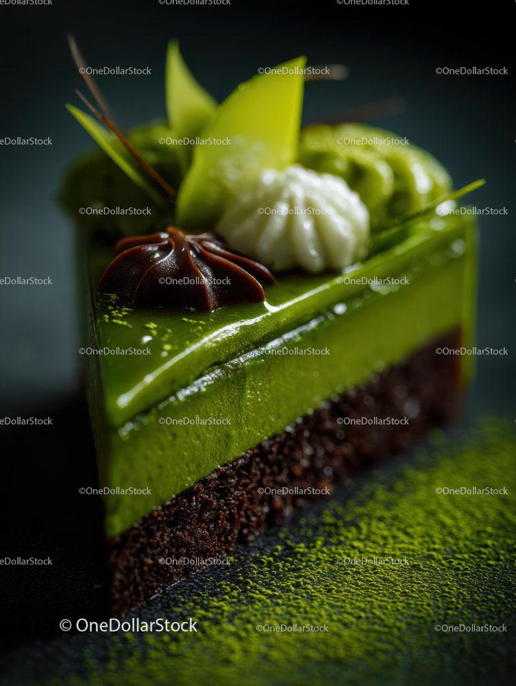 Green Matcha Cake with Chocolate Base and Artistic Garnish Stock Photo Bundle preview