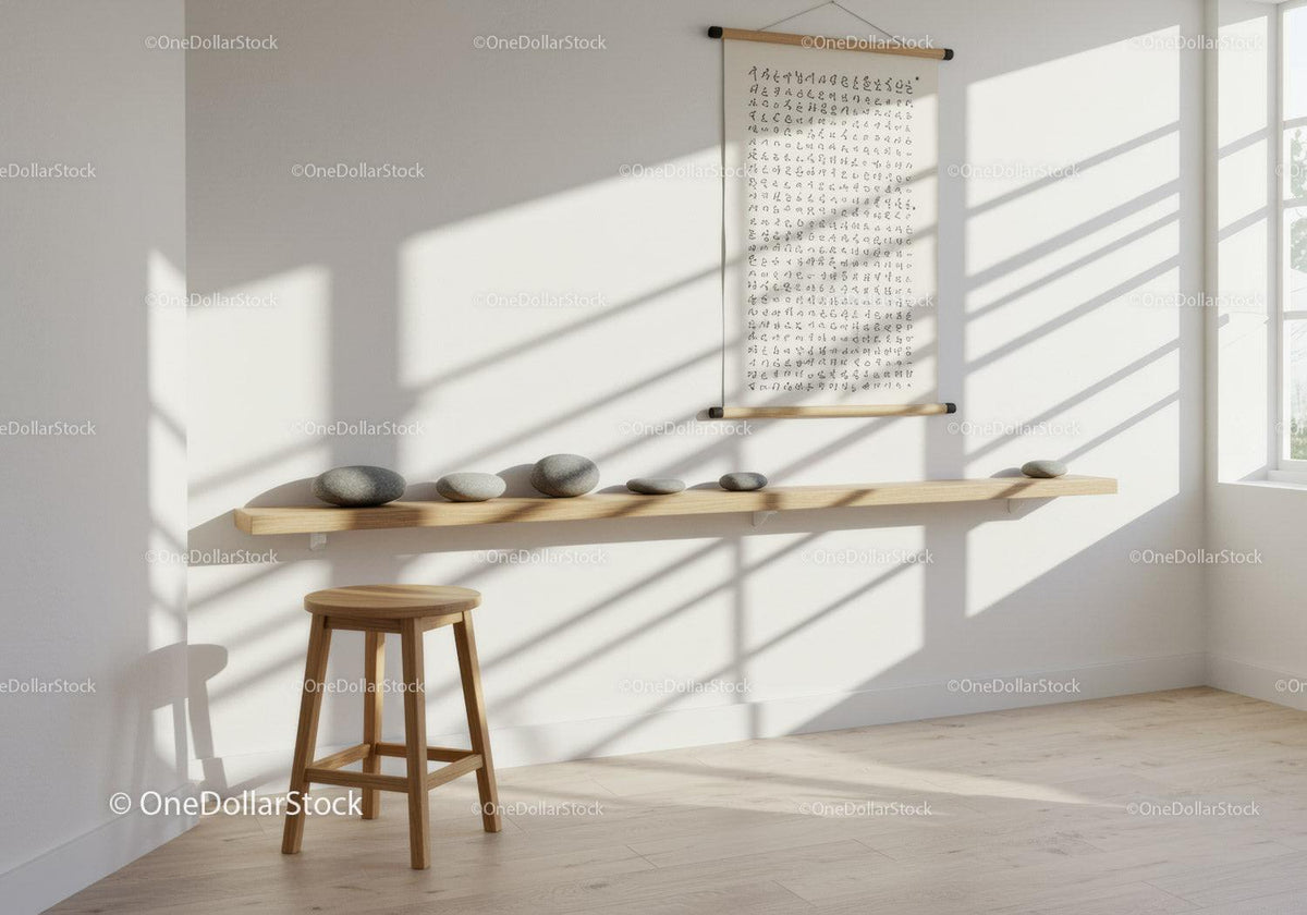 Minimalist room with wooden stool and zen stones shelf
