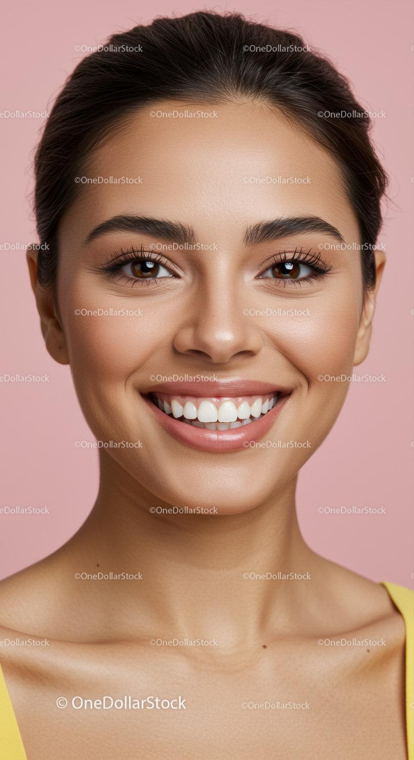 Close up of happy woman smiling against pink background