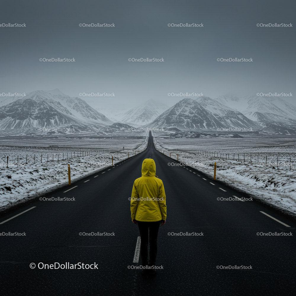 Lonely Traveler in Yellow Jacket on Snow-Covered Road Stock Photo Bundle preview 13