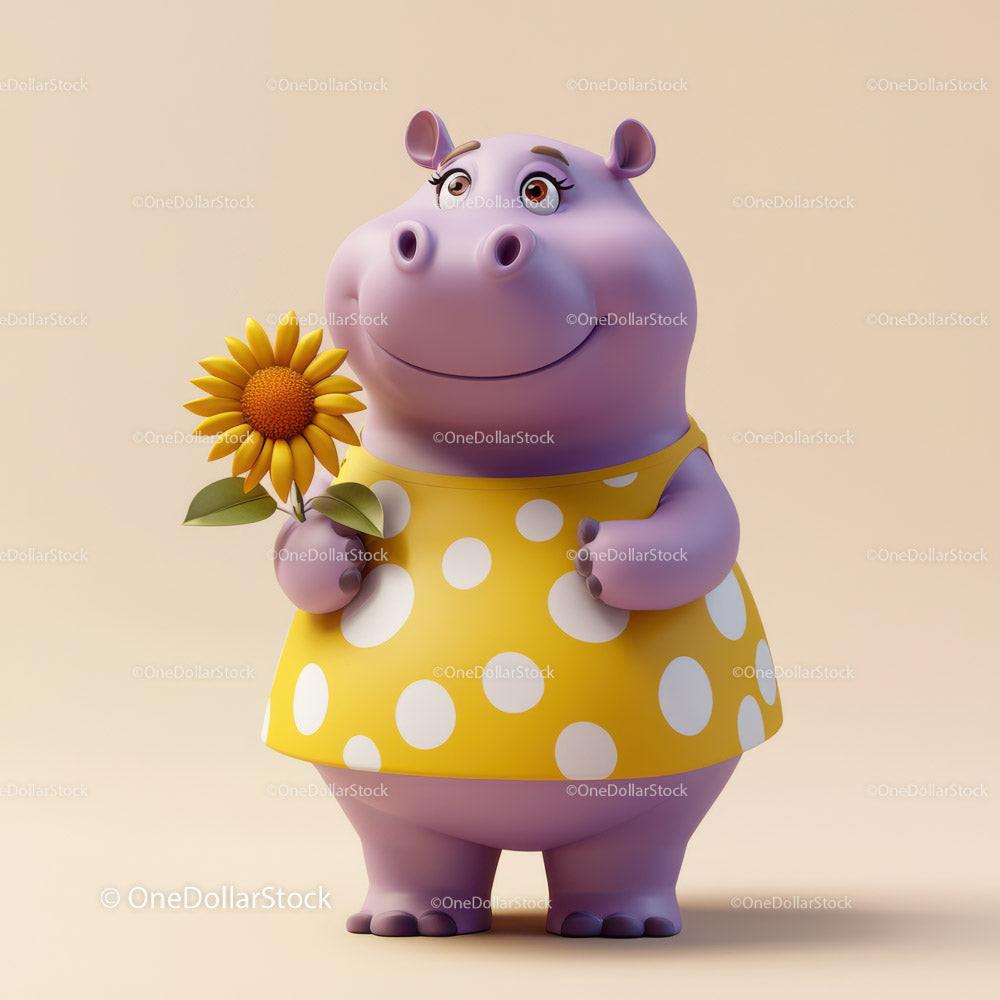 Cute Cartoon Hippo Holding Sunflower in Yellow Dress for Kids Illustration Stock Photo Bundle preview 18