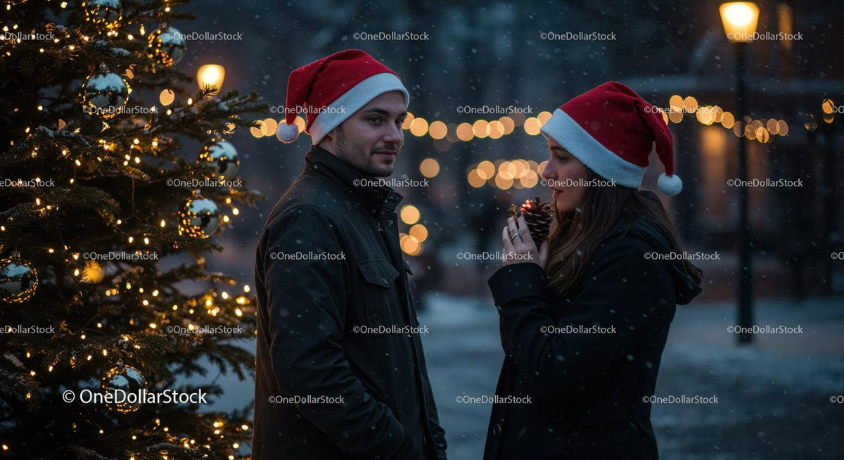Couple Wearing Santa Hats Enjoying Christmas Evening Outdoors