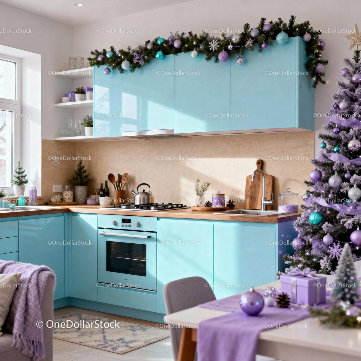 Modern kitchen with pastel cabinets and festive Christmas decor