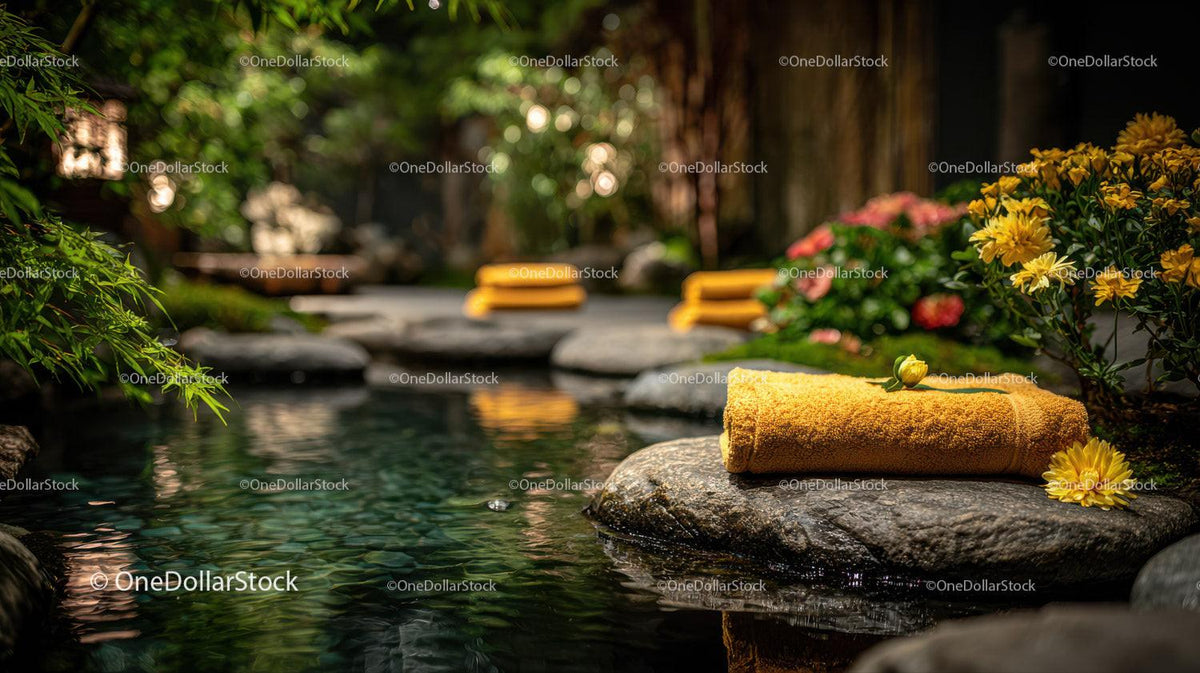 Serene Outdoor Spa Scene with Yellow Towel and Water Lilies Stock Photo Bundle preview 33