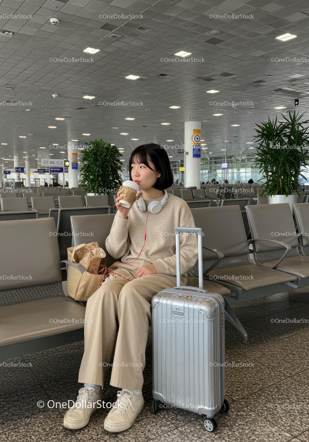 Young Woman Relaxing in Airport Lounge with Suitcase and Coffee