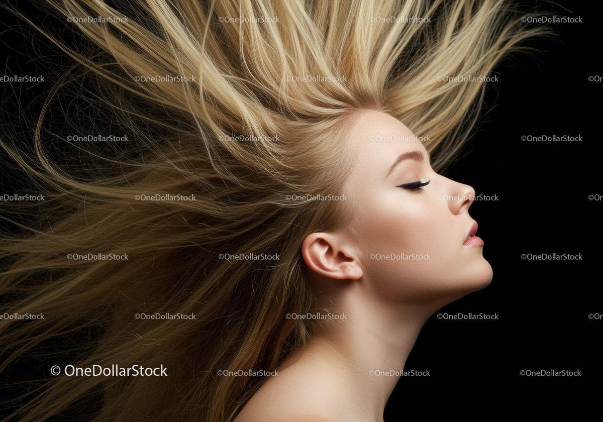 Profile of young woman with blowing blonde hair