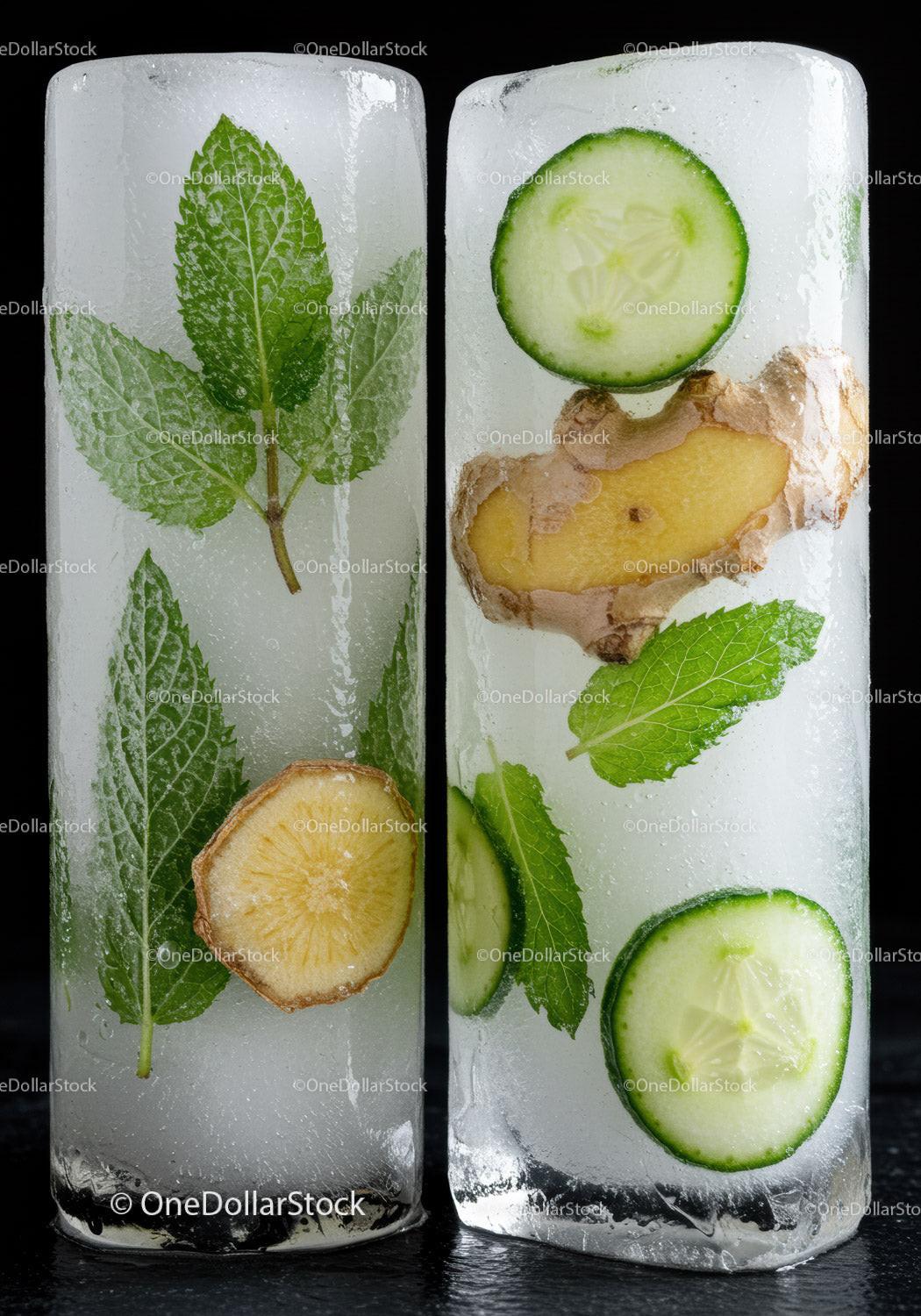 Fresh mint cucumber and ginger ice blocks on black