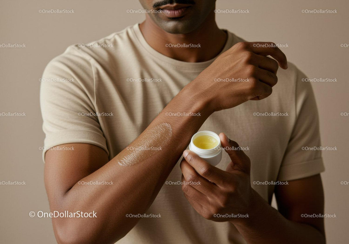 Man Applying Moisturizing Lotion on Forearm with Calm Expressions