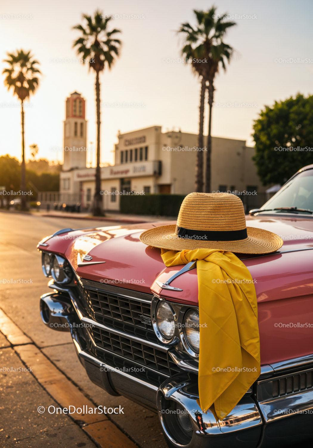Vintage Red Classic Car with Straw Hat and Yellow Scarf on California Street