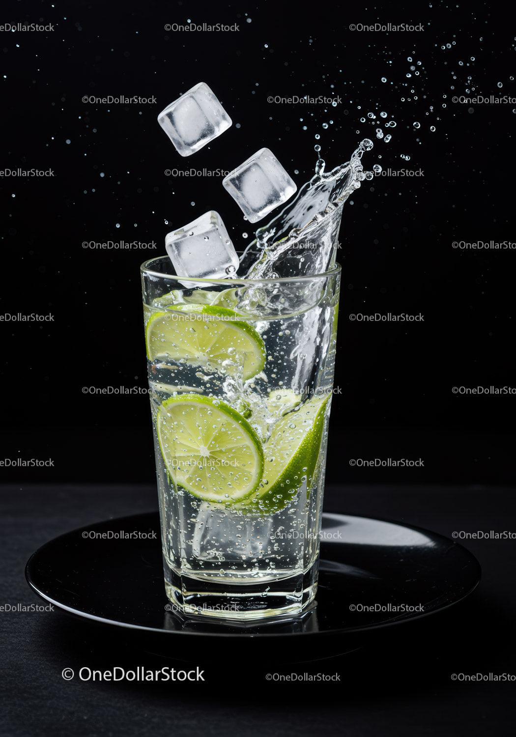 Refreshing lime slices splashing in sparkling water glass