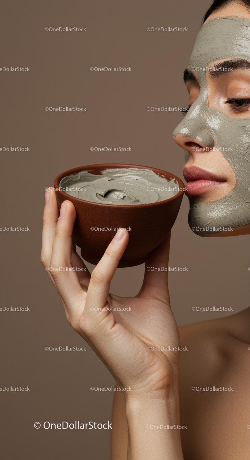 Woman with Green Clay Facial Mask Applying Skincare for Rejuvenation