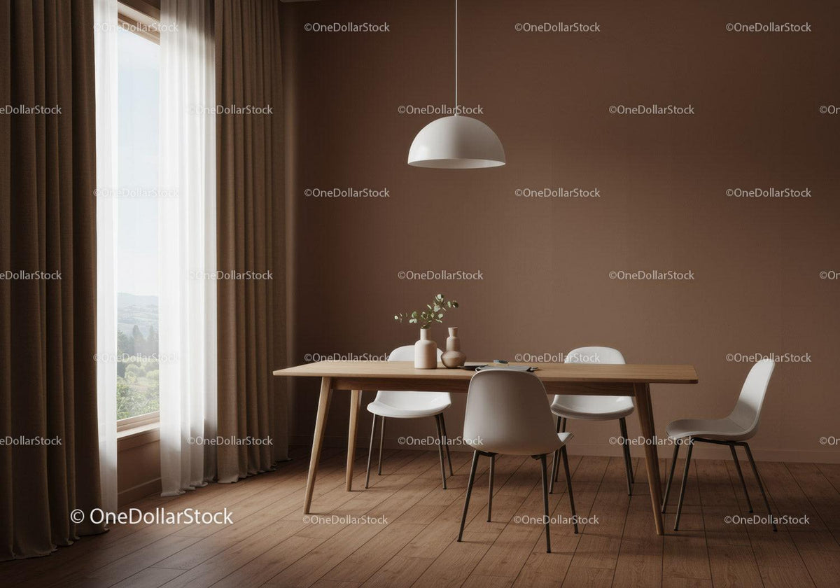 Minimalist Dining Room with Wooden Table and Cozy Atmosphere