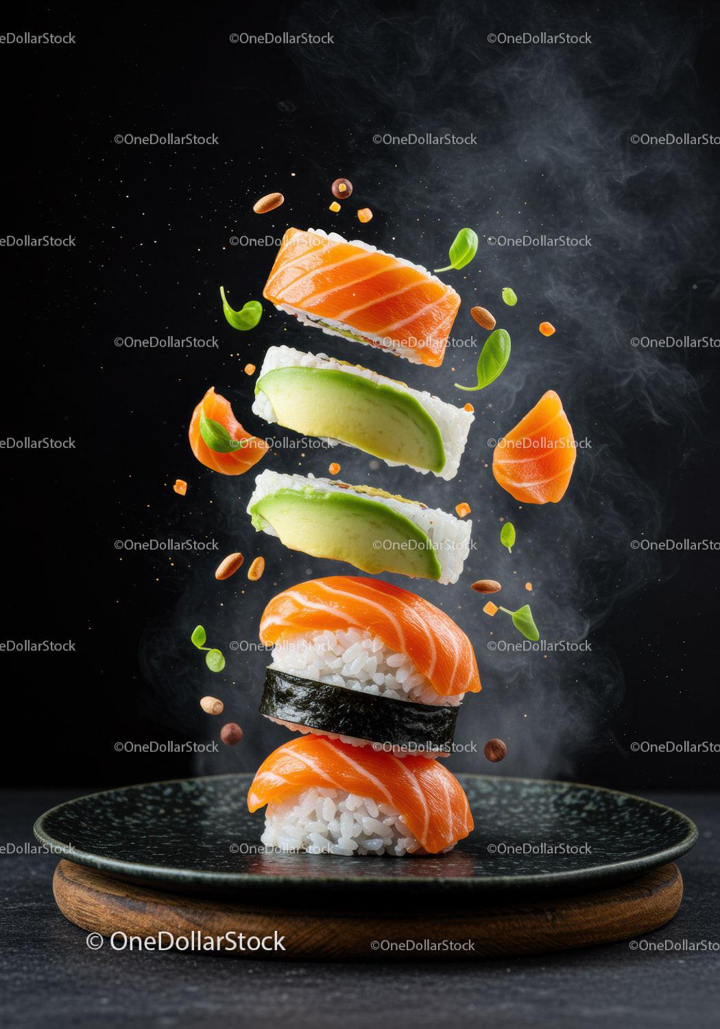 Floating Salmon and Avocado Sushi Pieces on Black Plate