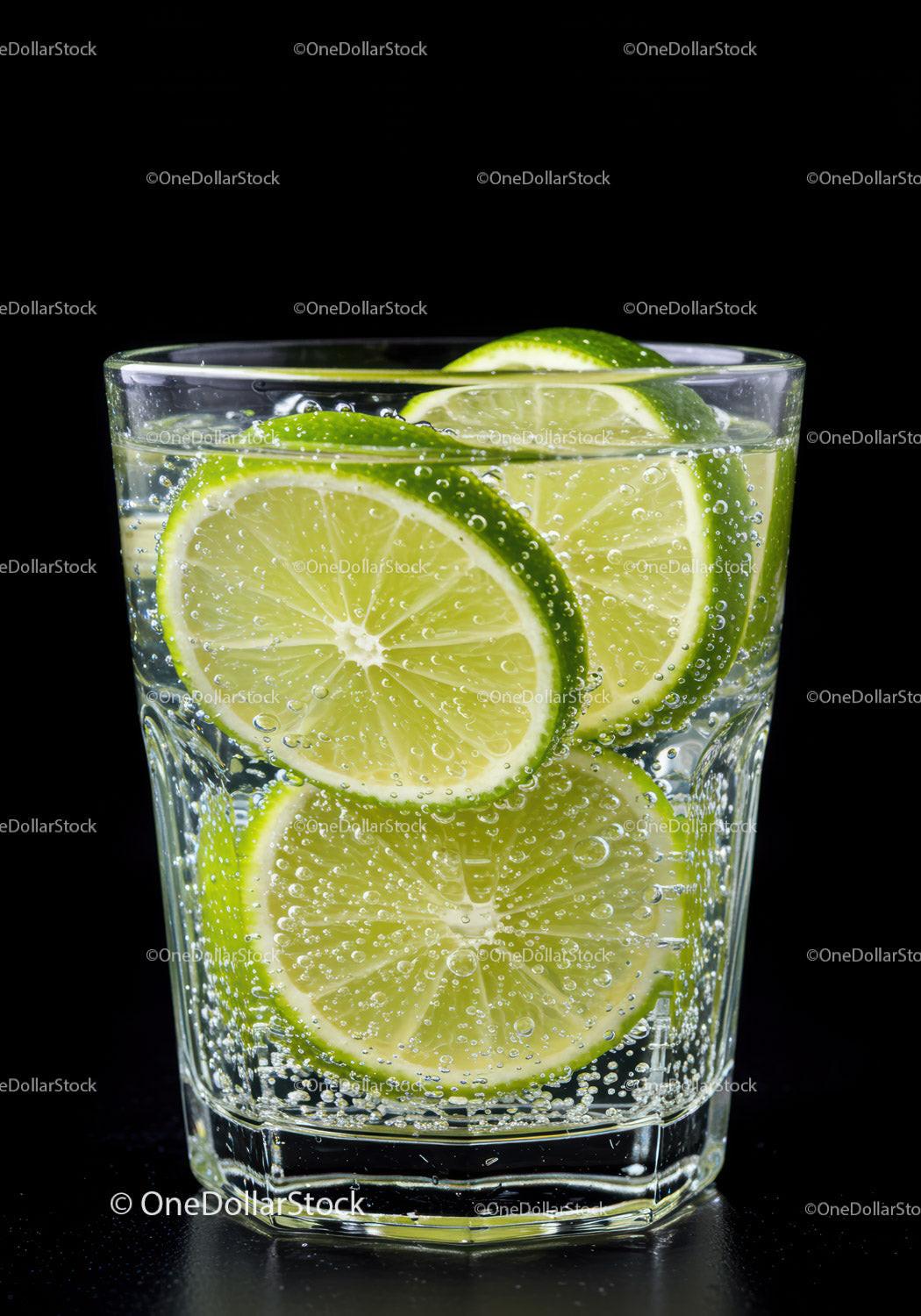 Refreshing carbonated water with fresh lime slices