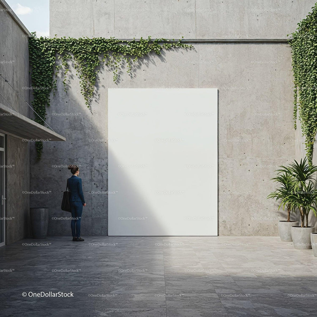 Businesswoman standing near large blank canvas outdoors JPG Mockup Image preview