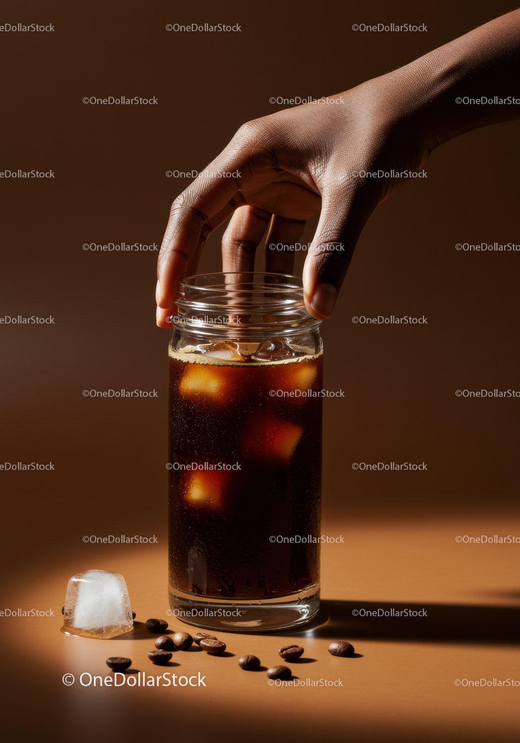 Hand reaching for glass of iced cold brew coffee