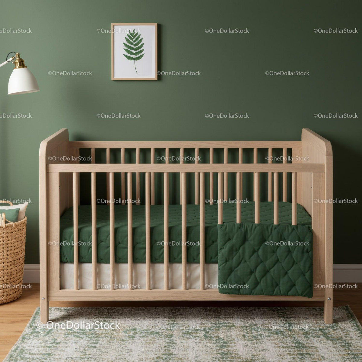 Modern Baby Crib with Green Bedding and Natural Wood Finish