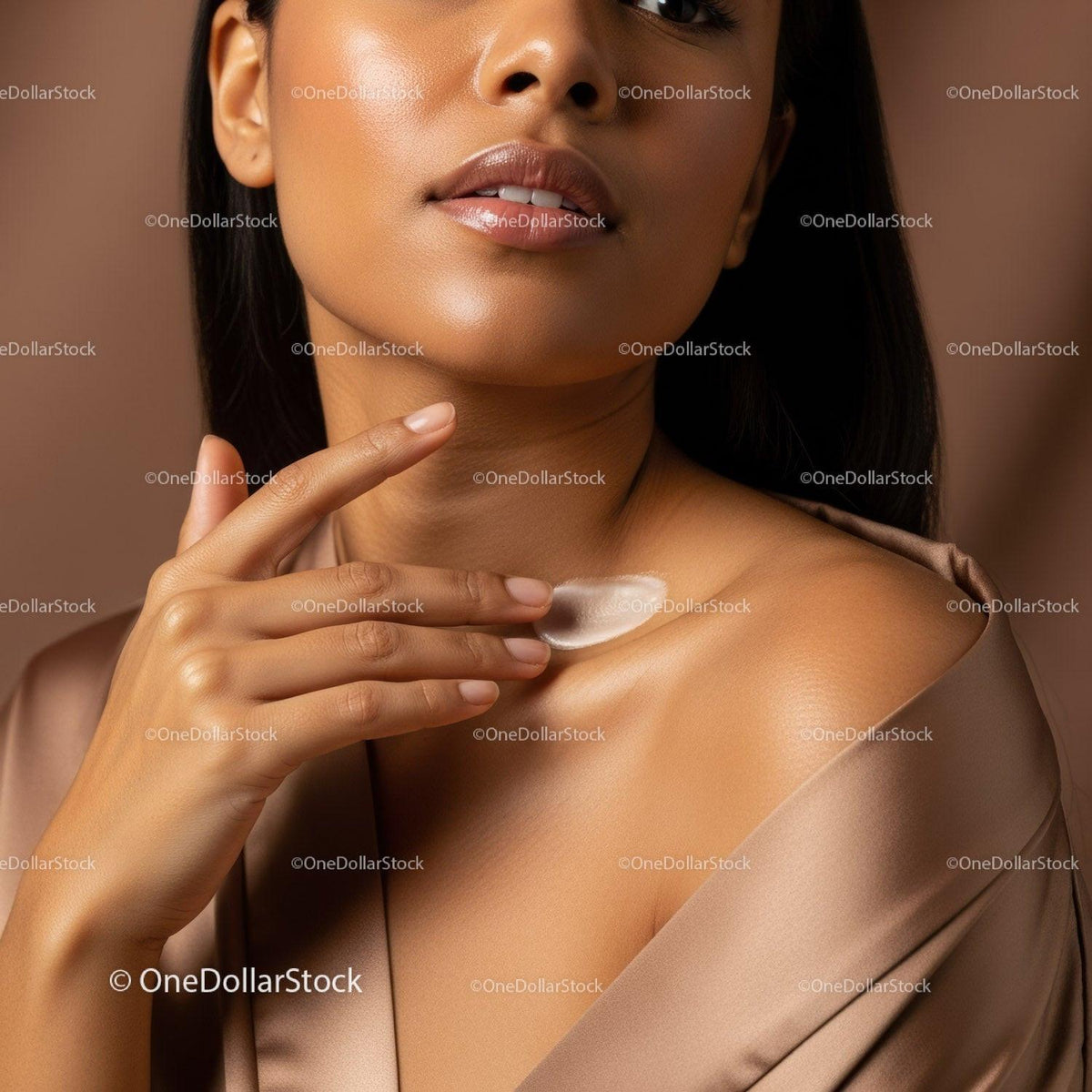 Close-Up of a Smiling Woman with Glossy Lips and Flawless Skin