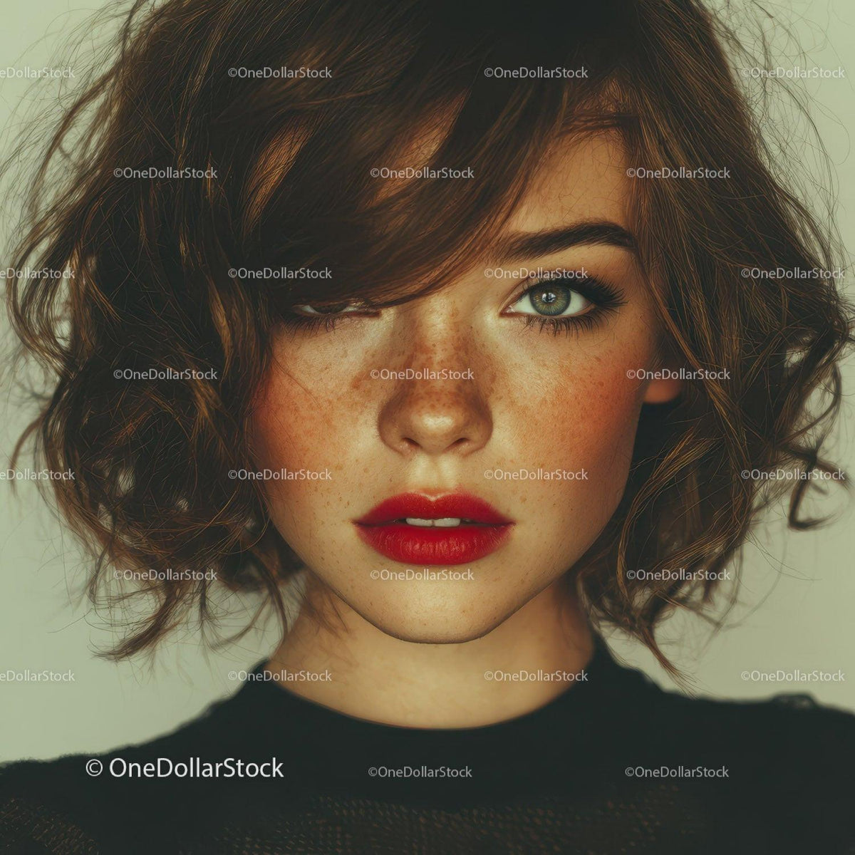 Close-Up Portrait of a Woman with Green Eyes and Red Lips