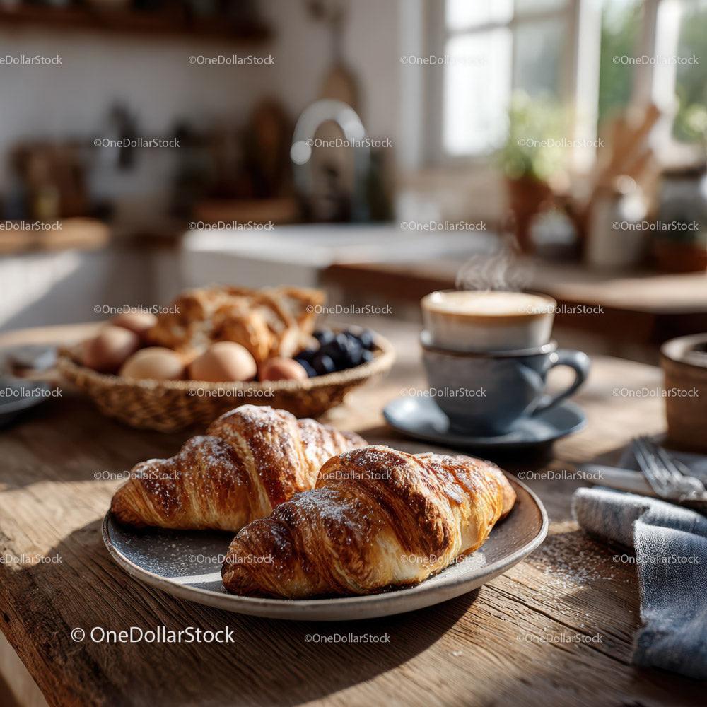 Rustic Breakfast with Croissants Coffee and Fresh Fruit Stock Photo Bundle preview 15