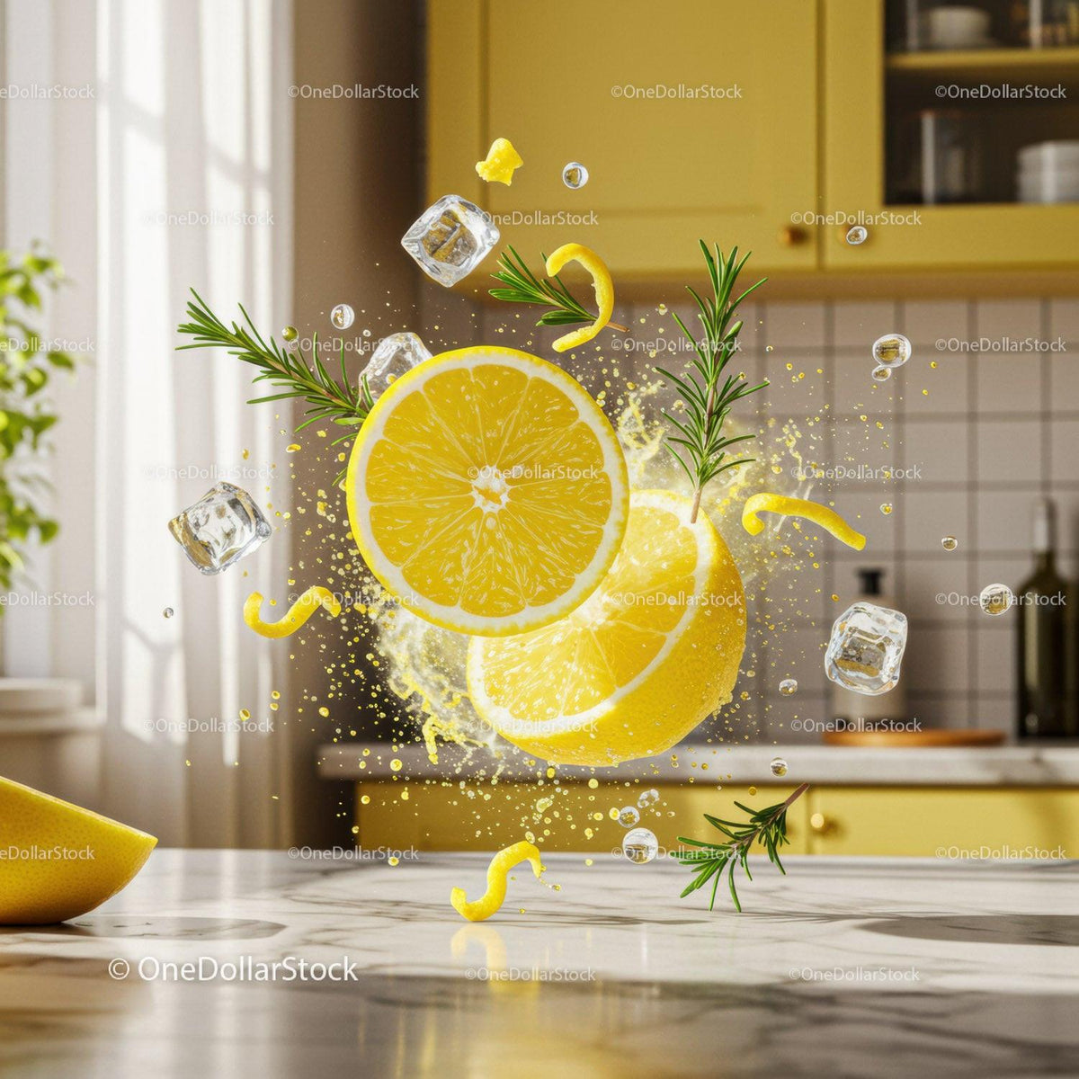 Fresh lemon slices with rosemary and ice cubes splash
