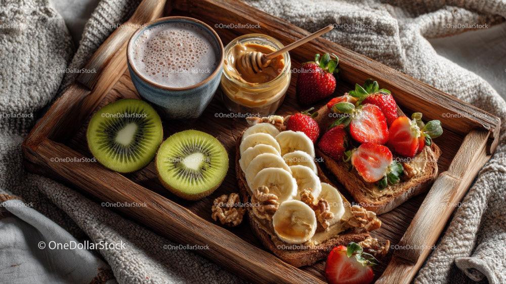 Nutritious Breakfast Tray with Toast Fresh Strawberries and Hot Chocolate Stock Photo Bundle preview 11