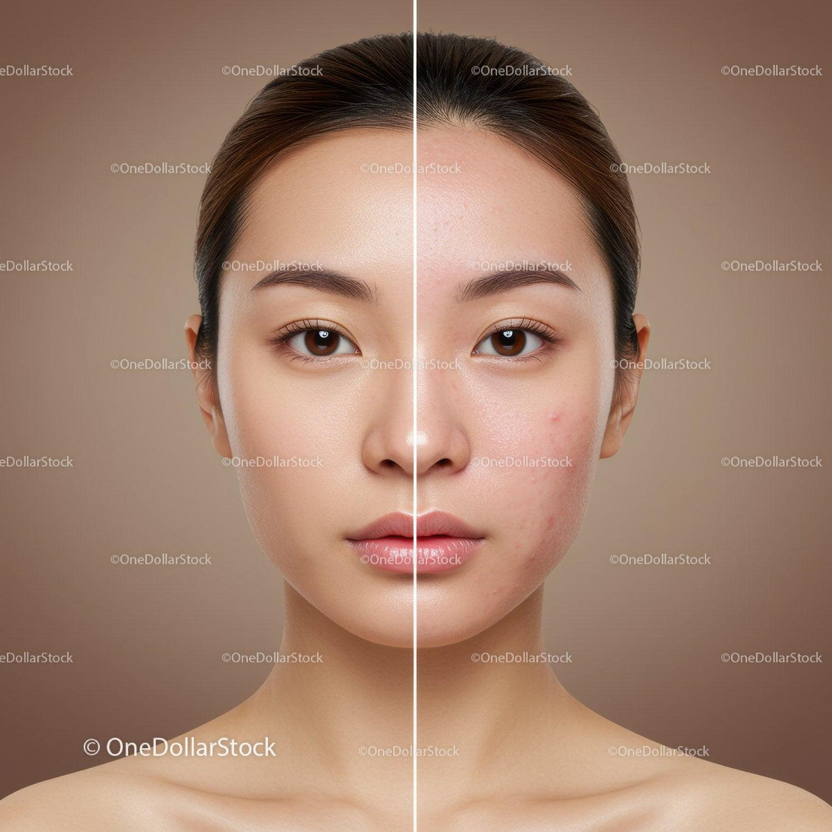 Close Up of Young Woman's Face Showing Before and After Skincare
