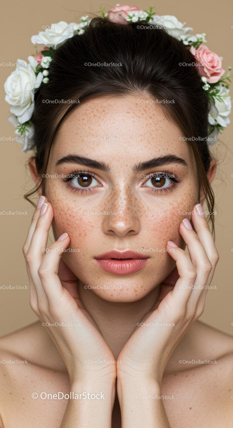 Close-up Portrait of a Young Woman with Freckles and Floral Crown