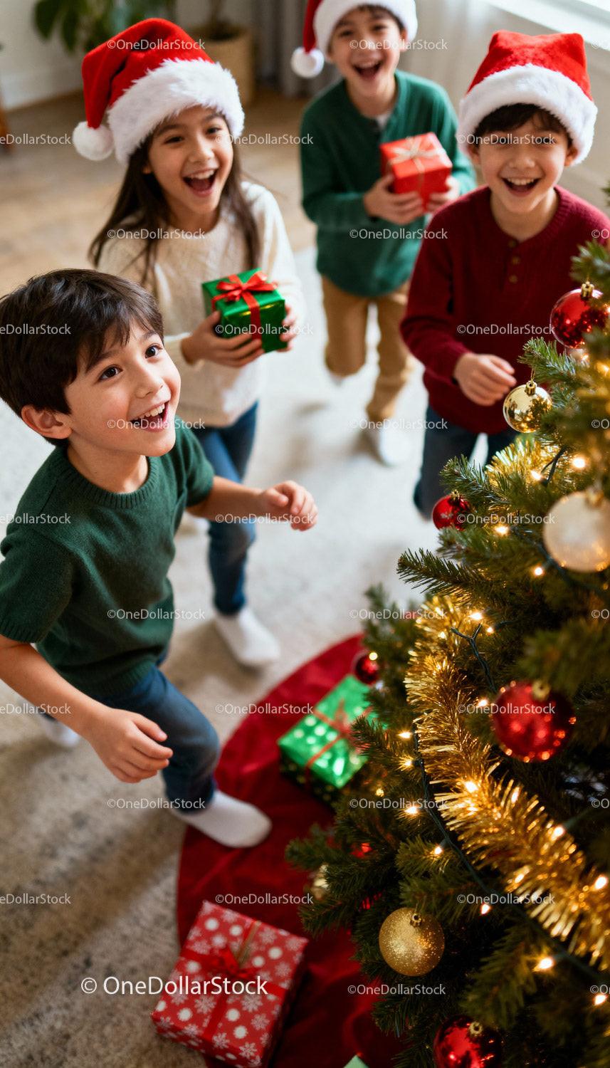 Joyful Children Celebrating Christmas Around Tree