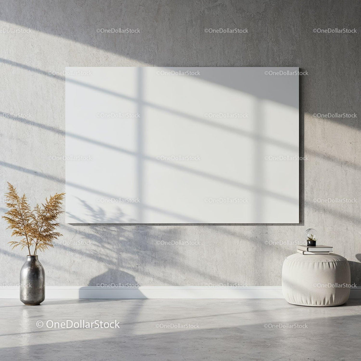 Minimalist interior with blank canvas and dried plants JPG Mockup Image preview