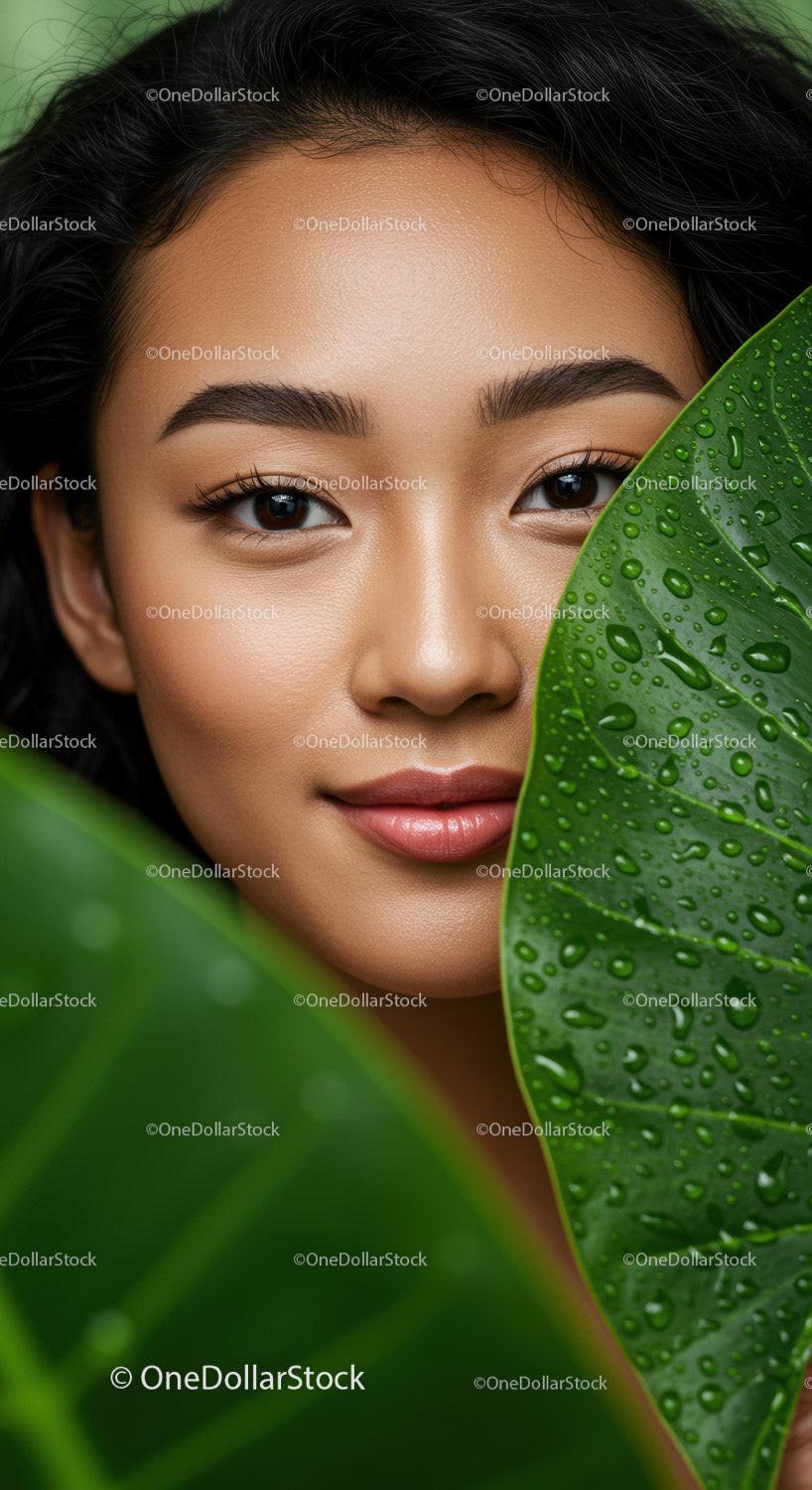 Close-Up of Asian Woman with Beautiful Skin Amid Green Tropical Foliage