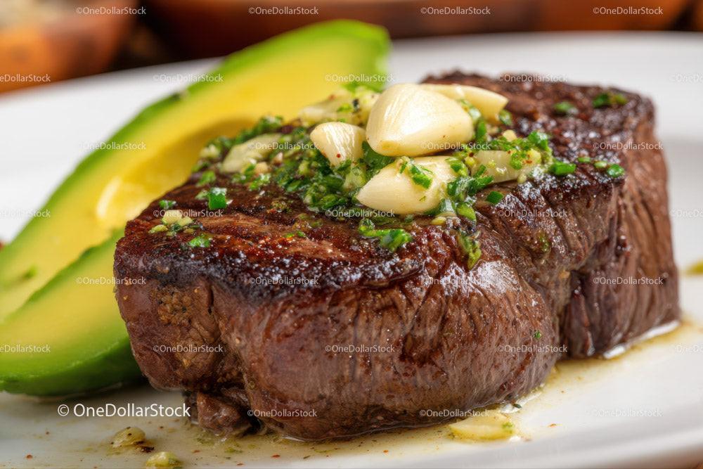 Juicy Grilled Steak with Fresh Avocado and Garlic on Rustic Board Stock Photo Bundle preview 36