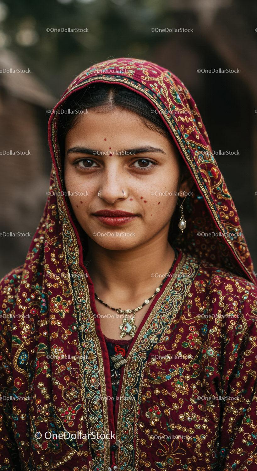 Indian Woman in Traditional Embroidered Clothing and Jewelry