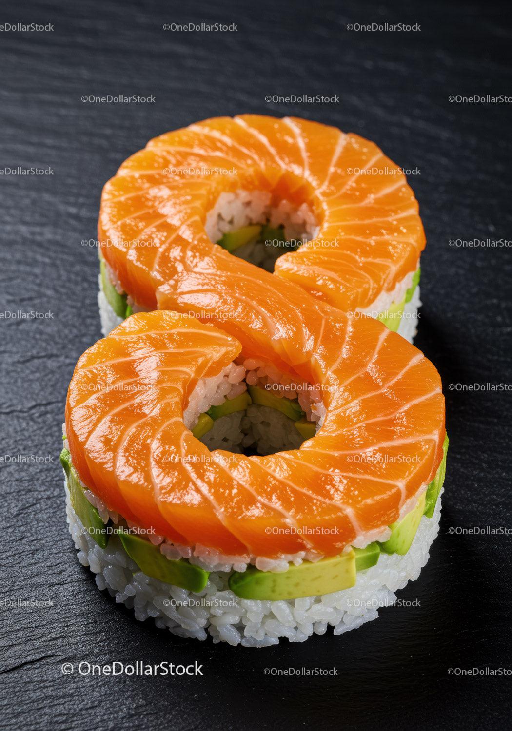 Creative sushi rolls shaped as number eight on slate