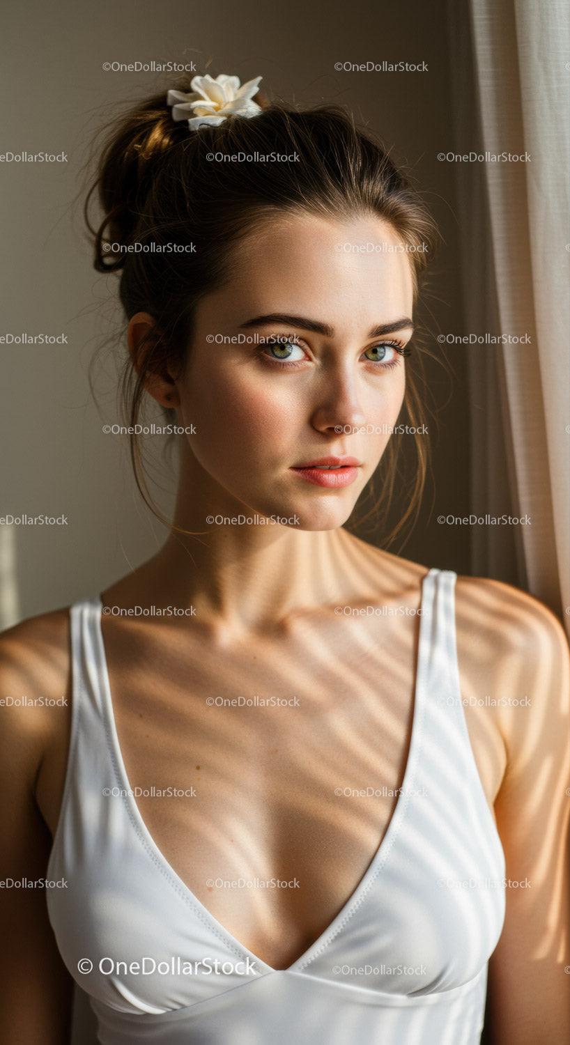 Portrait of a Young Woman with Green Eyes and Elegant Hairstyle