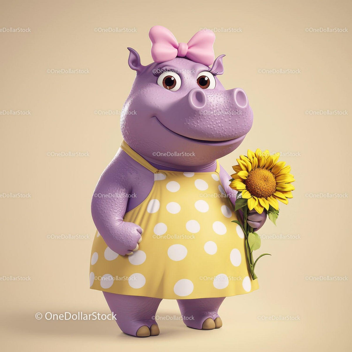 Purple hippo in yellow polka dot dress holding sunflower and wearing pink bow