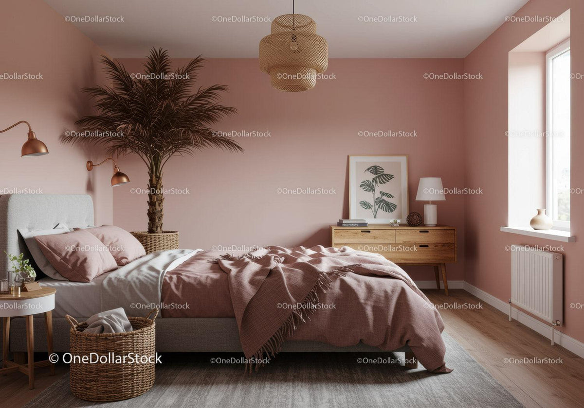 Stylish Bedroom with Pink Walls and Cozy Decor Featuring Indoor Palms