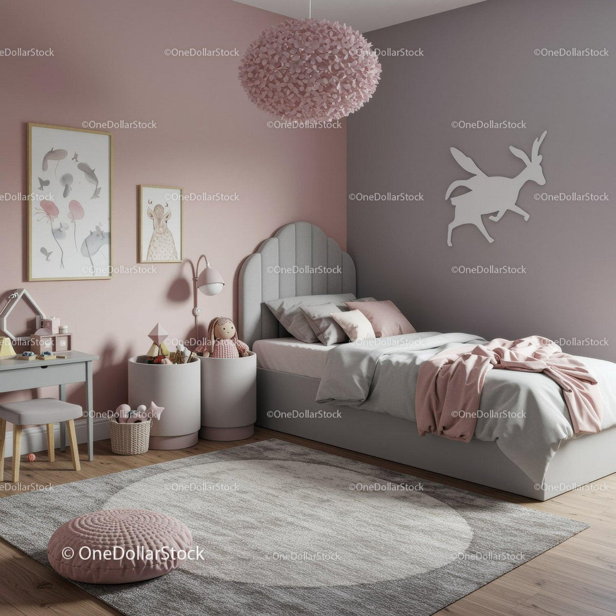 Cozy Pink and Gray Kids Bedroom with Playful Wall Art and Soft Decor