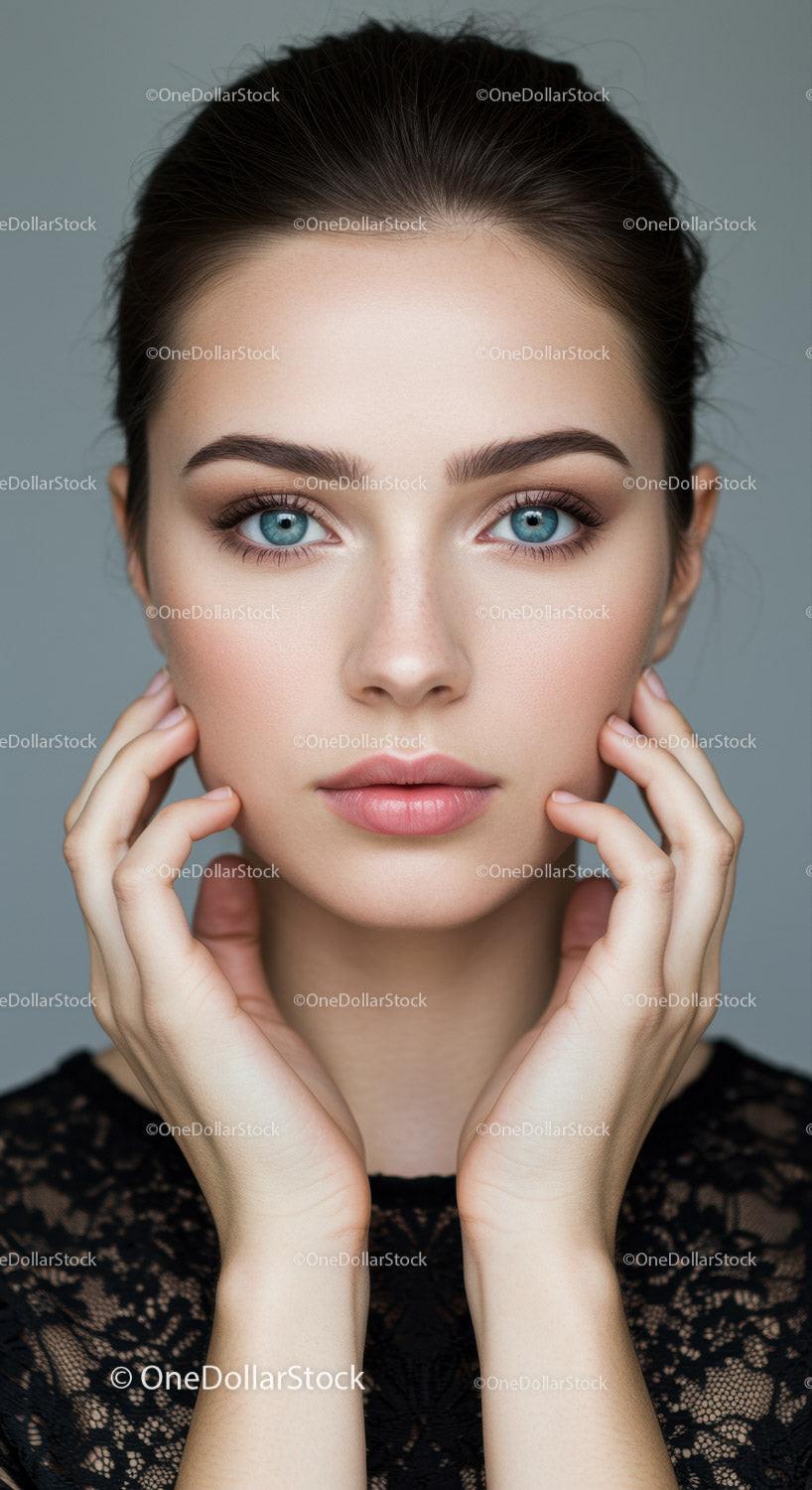 Close-Up Portrait of a Beautiful Woman with Blue Eyes and Clear Skin