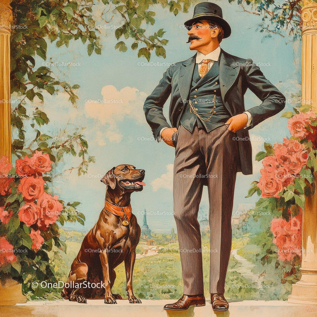Victorian man in dark suit and top hat standing beside brown dog with collar in garden