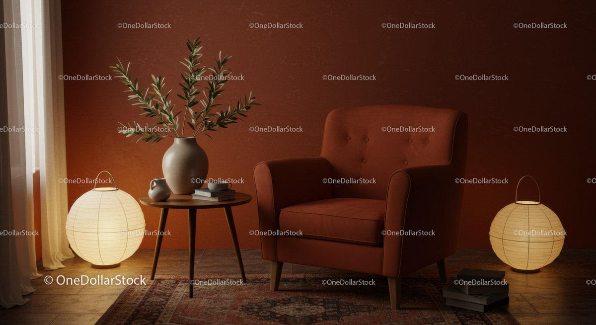 Cozy reading corner with warm lighting and earthy tones
