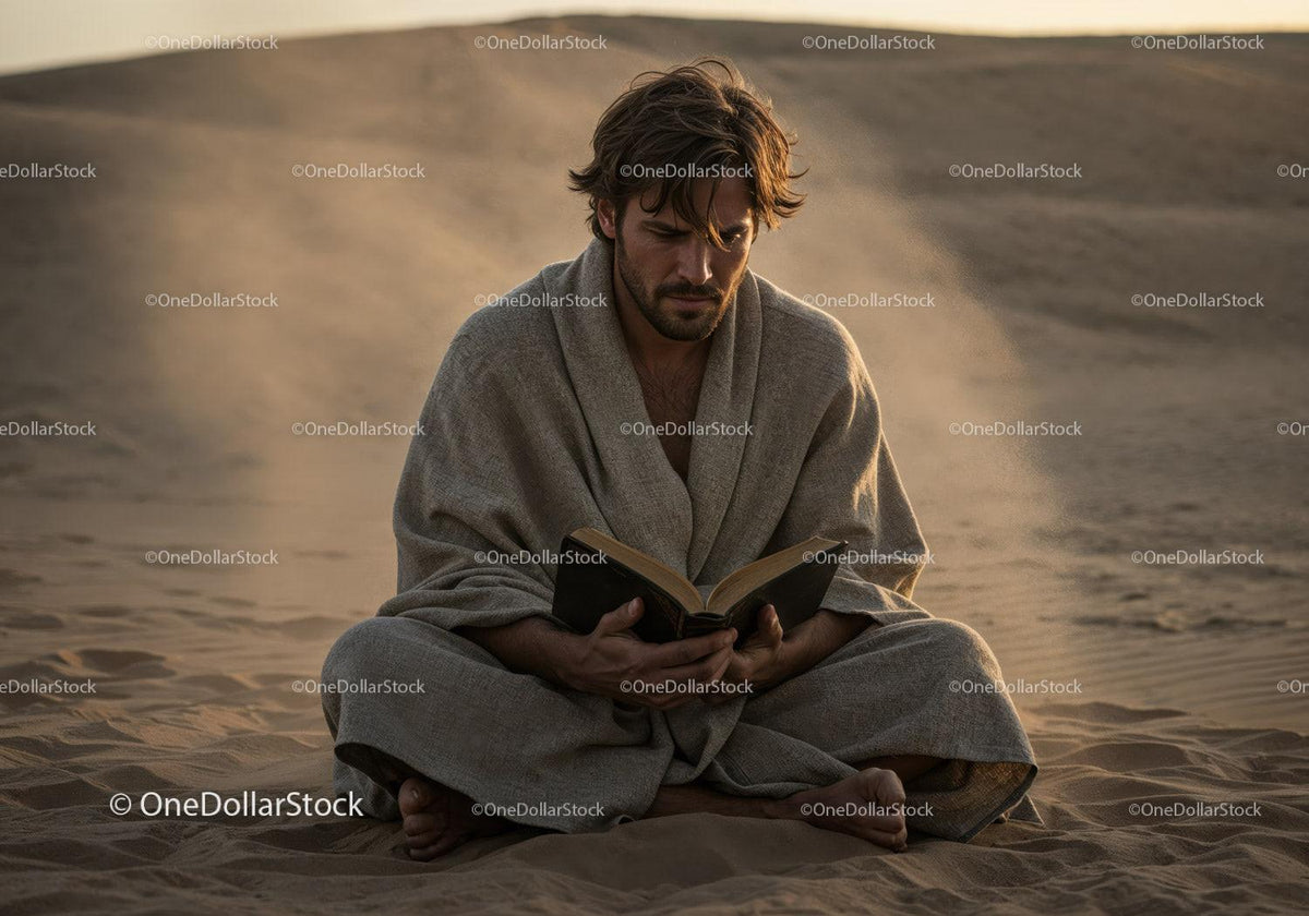 Man in Casual Clothing Reading Book in Desert During Dust Storm Stock Photo Bundle preview 5