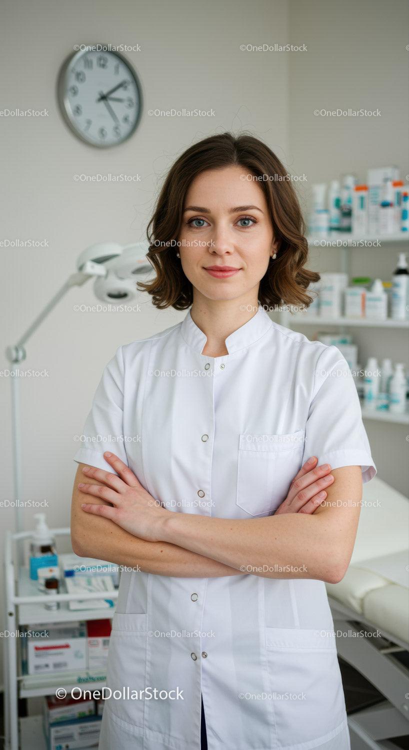Professional Female Healthcare Worker in White Coat in Medical Clinic