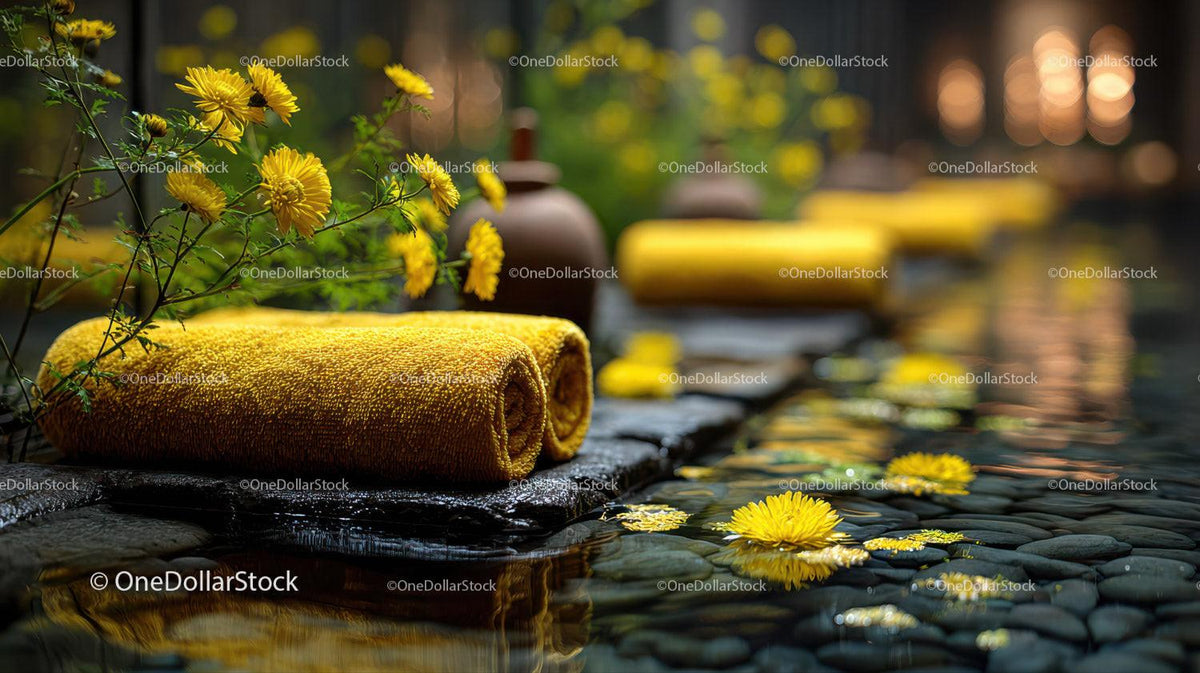 Serene Outdoor Spa Scene with Yellow Towel and Water Lilies Stock Photo Bundle preview 22