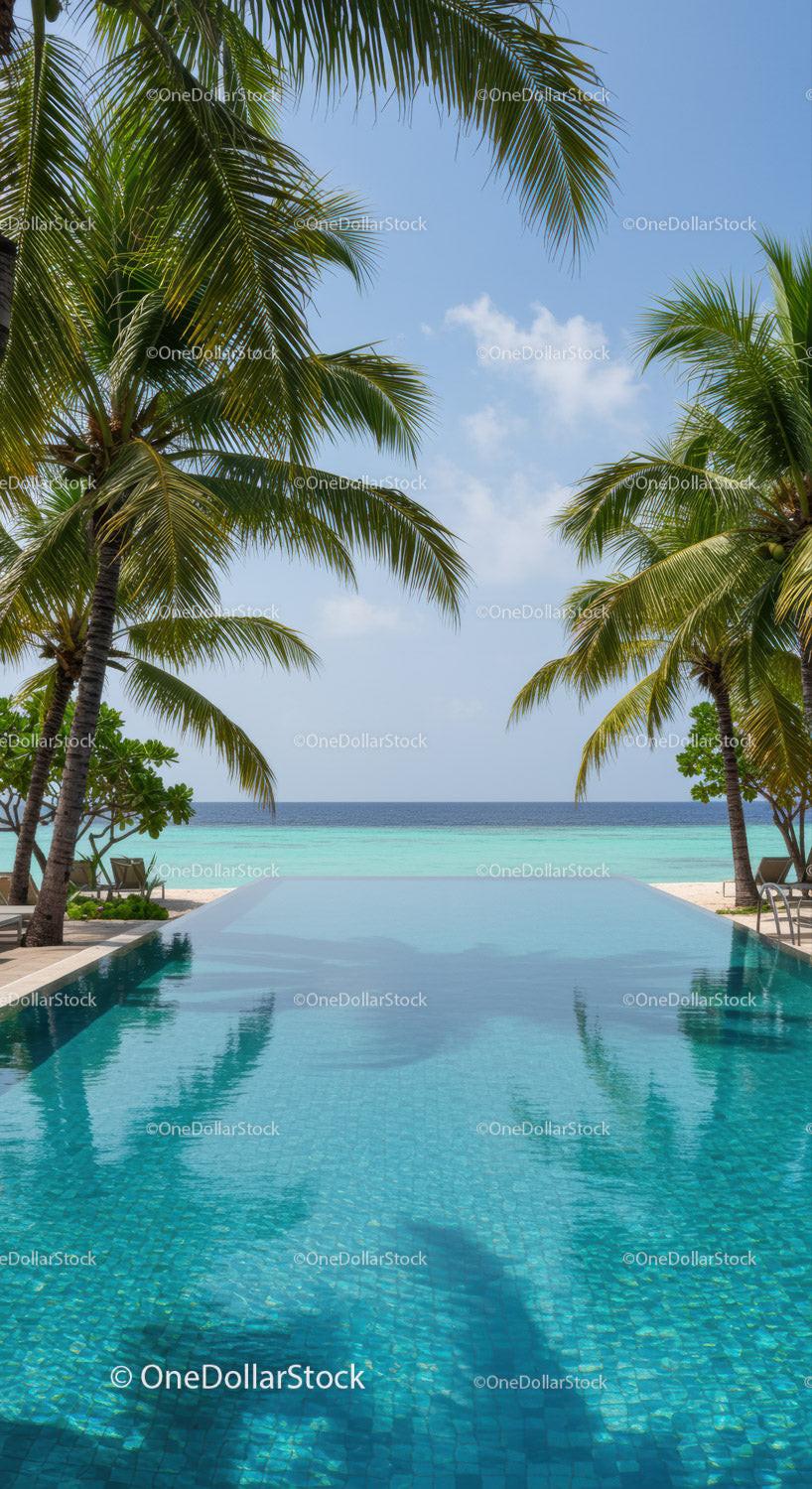 Tropical Paradise with Palm Trees and Infinity Pool by Ocean